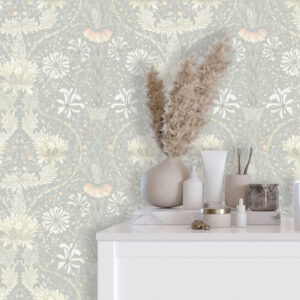 Honeysuckle Damask wallpaper by Canadian artist Sabina Maria is a soft, romantic take on traditional florals, featuring delicately hand-painted blooms woven into a symmetrical, damask-inspired arrangement.