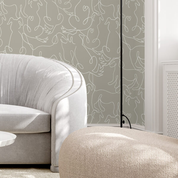 "A Dog's Love" Wallpaper by Sabina Maria Designed by Canadian artist Sabina Maria, A Dog’s Love is a playful yet elegant wallpaper pattern that celebrates the joyful spirit of dogs through minimalist line art. Each pup is rendered in a continuous white line that dances across a warm, dark beige background, creating a sense of movement and charm. The seamless repetition gives it a modern, whimsical touch, perfect for dog lovers looking to add character to a nursery, hallway, or creative space. This design blends simplicity with personality, making it both soothing and expressive.