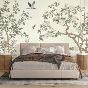 Chinois Flower Mural behind a neutral bed in a modern bedroom, with hanging lights and wood side tables