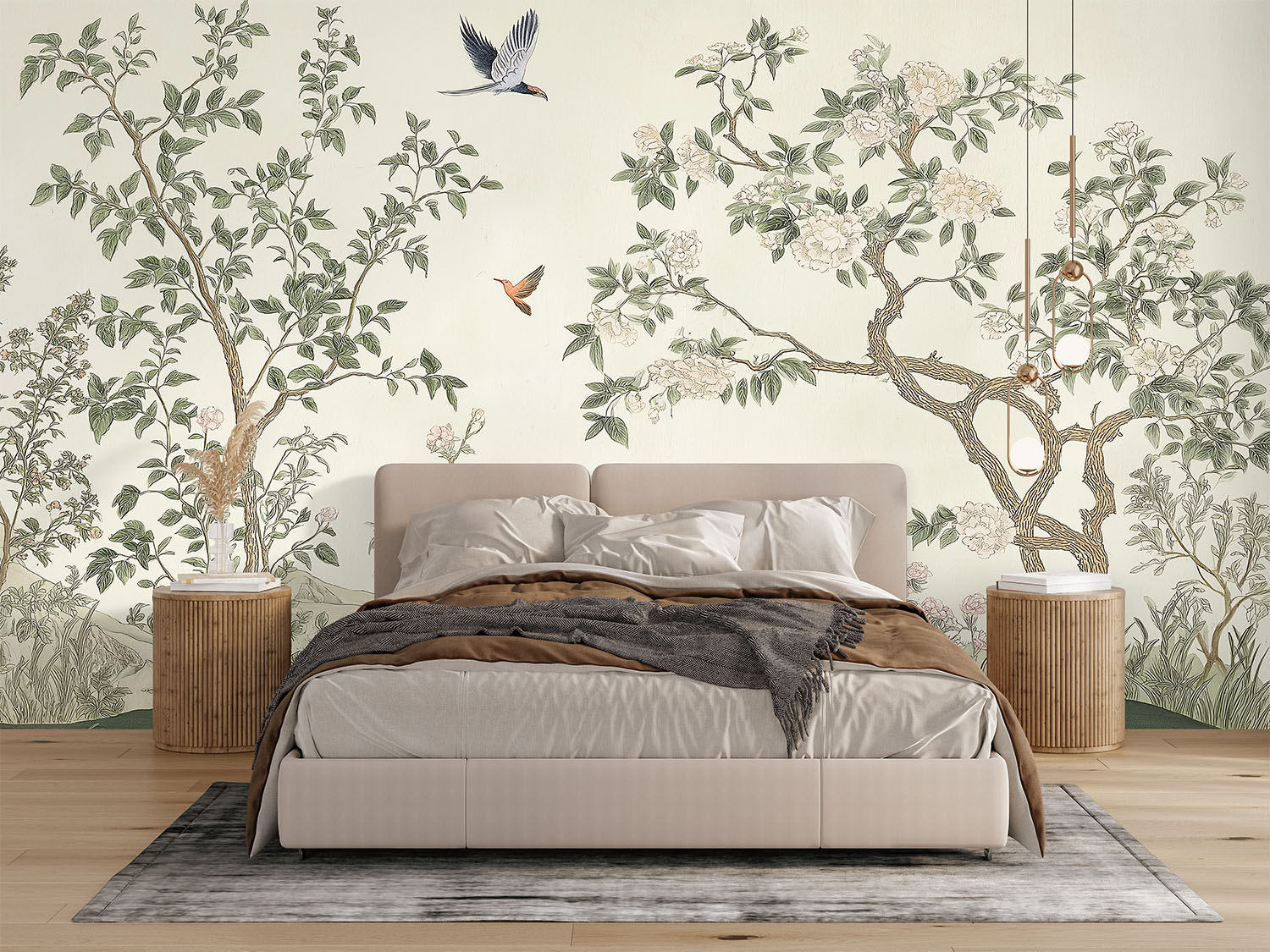 Chinois Flower Mural behind a neutral bed in a modern bedroom, with hanging lights and wood side tables
