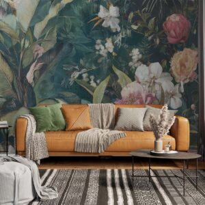 Green Eden Mural styled in a modern living room with tan sofa and layered textures
