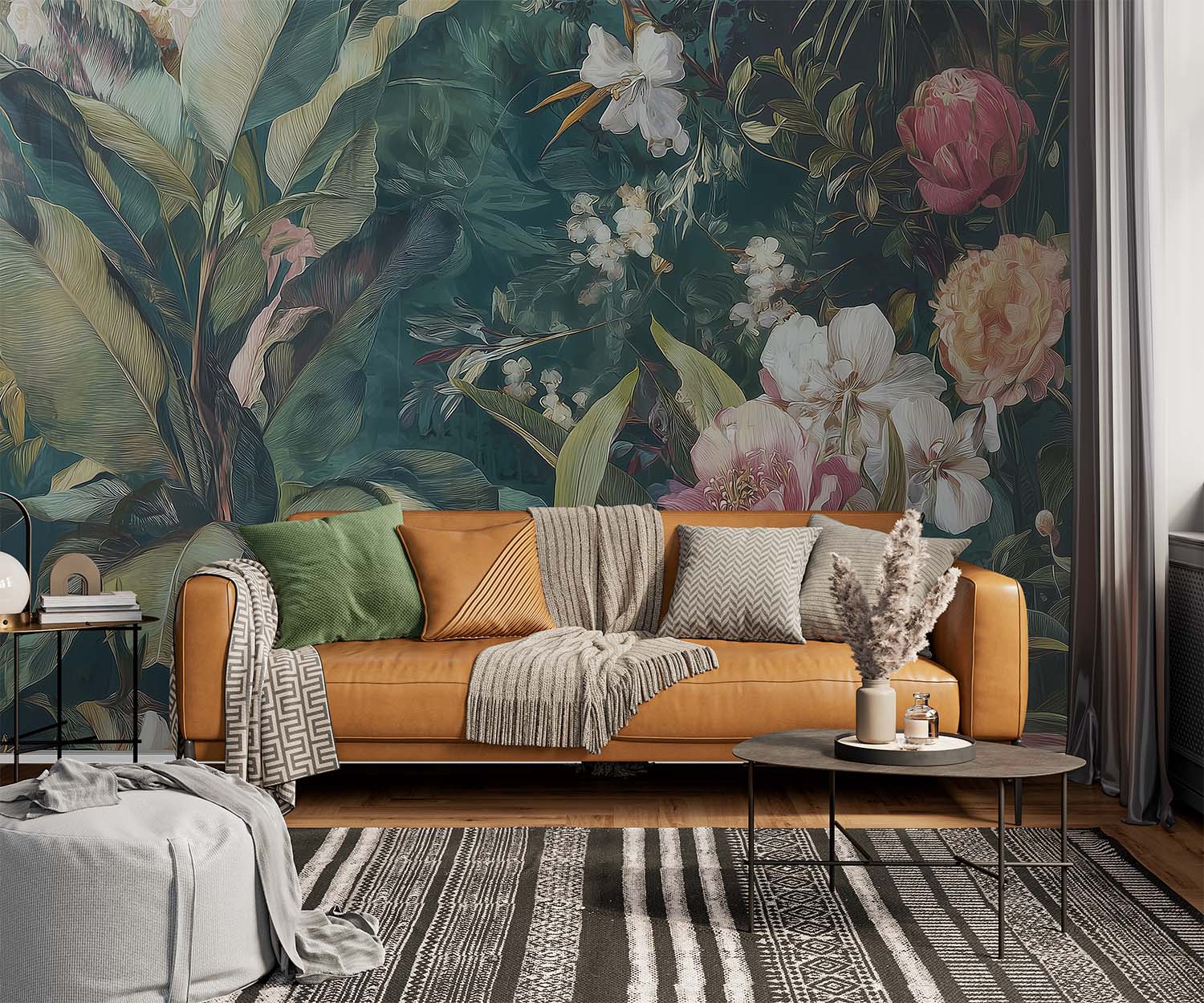 Green Eden Mural styled in a modern living room with tan sofa and layered textures