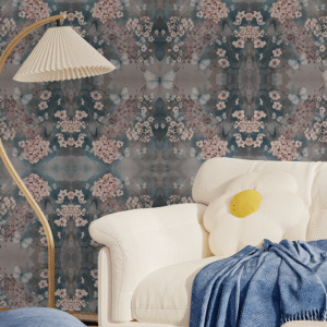 A zoomed-in Cottage Garden in Blue peel and stick wallpaper with a mirrored floral pattern in dusty pink
