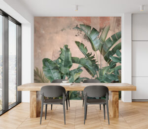 A Tropical peel and stick mural featuring lush banana and palm leaves set against a soft terracotta-textured backdrop