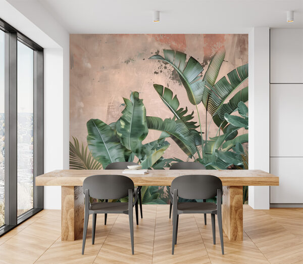 A Tropical peel and stick mural featuring lush banana and palm leaves set against a soft terracotta-textured backdrop