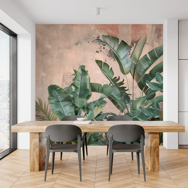 A Tropical peel and stick mural featuring lush banana and palm leaves set against a soft terracotta-textured backdrop