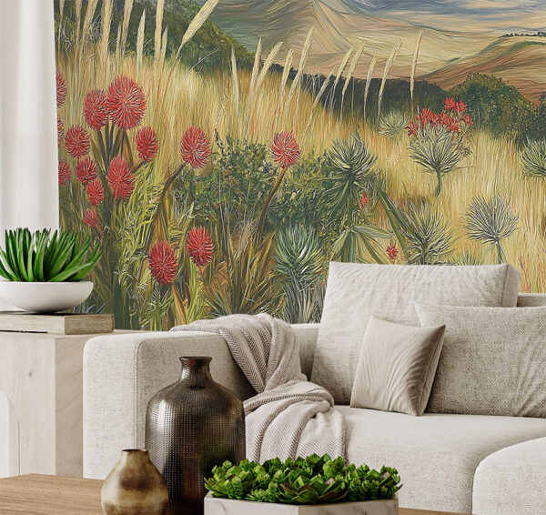 A zoomed-in Nature-inspired peel and stick mural depicting a vivid South African landscape with aloe, protea, and distant mountain scenery.