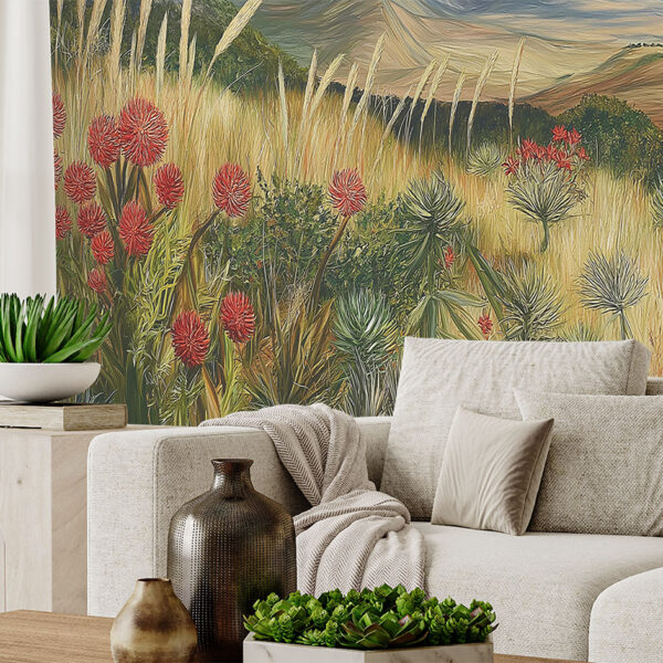 A zoomed-in Nature-inspired peel and stick mural depicting a vivid South African landscape with aloe, protea, and distant mountain scenery.