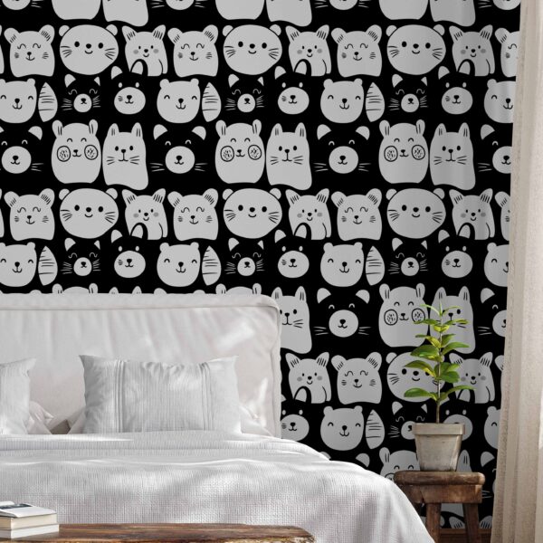 A zoomed-in Cute Bears Wallpaper styled in cozy bedroom settings with white bedding and rustic decor.