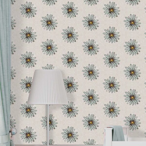 A zoomed-in daisy pattern wallpaper in soft pastel tones behind a white crib in a softly styled nursery