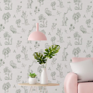 A zoomed-in Elegant sage green toile wallpaper with countryside sketches of trees, bridges, and flora