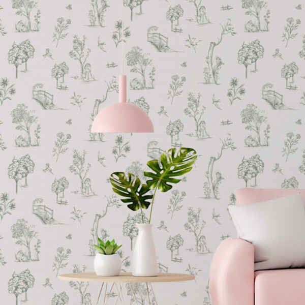 A zoomed-in Elegant sage green toile wallpaper with countryside sketches of trees, bridges, and flora