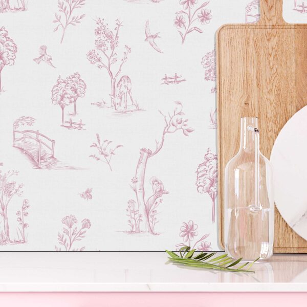 A zoomed-in pink pastoral-themed wallpaper behind modern kitchen backsplash