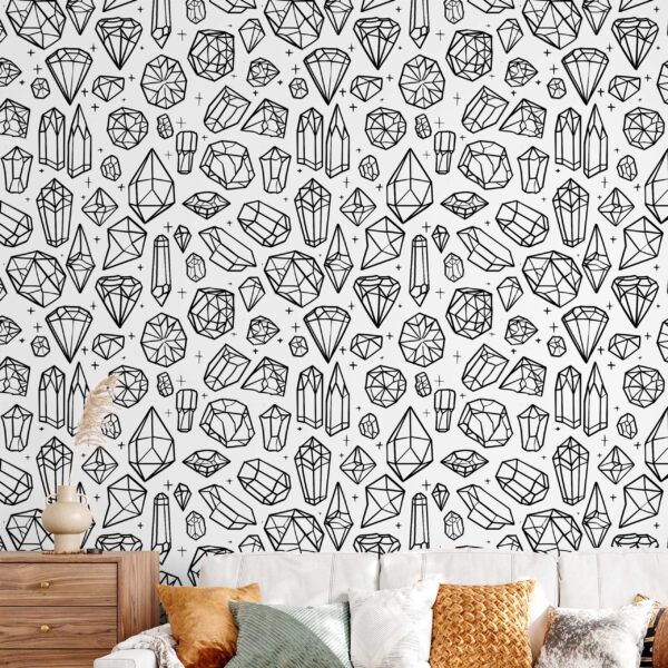 Close-up of hand-drawn gem and jewel pattern wallpaper in black on white background
