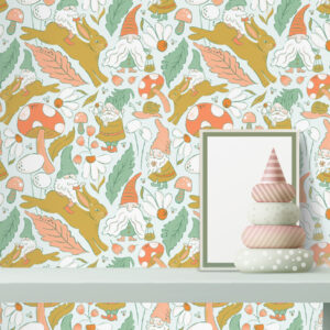 A zoomed-in forest-themed wallpaper with gnomes, autumn leaves, and mushrooms in soft colours.