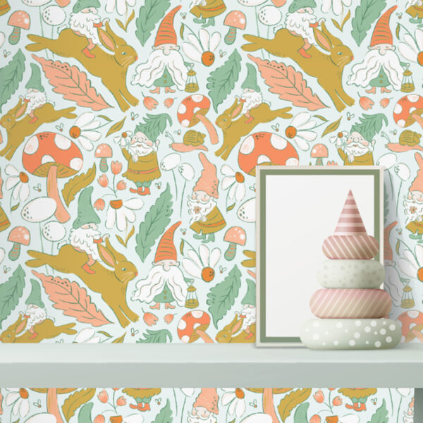 A zoomed-in forest-themed wallpaper with gnomes, autumn leaves, and mushrooms in soft colours.