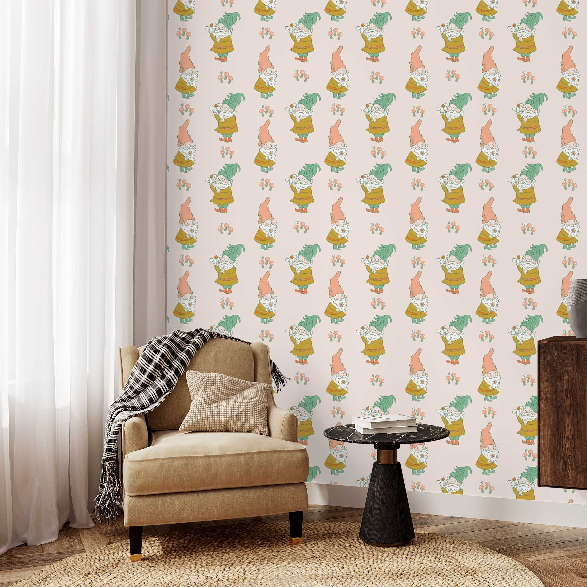 Gnoming Around Wallpaper | Peel & Stick Wallpaper Online | Proudly Made in Canada Whimsical gnome-themed wallpaper in a cozy reading nook with a beige armchair, black side table, and soft drapes