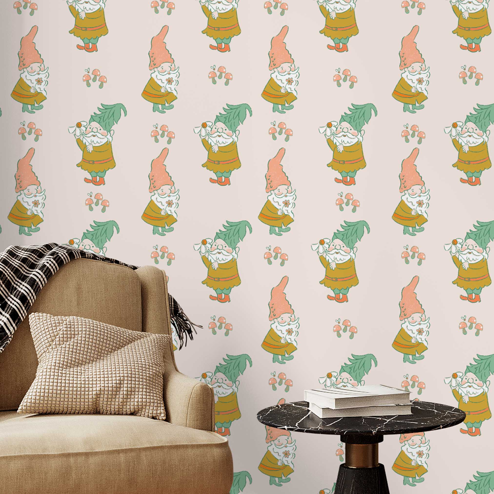 Gnoming Around Wallpaper | Peel & Stick Wallpaper Online | Proudly Made in Canada A zoomed-in whimsical gnome-themed wallpaper in a cozy reading nook with a beige armchair, black side table, and soft drapes