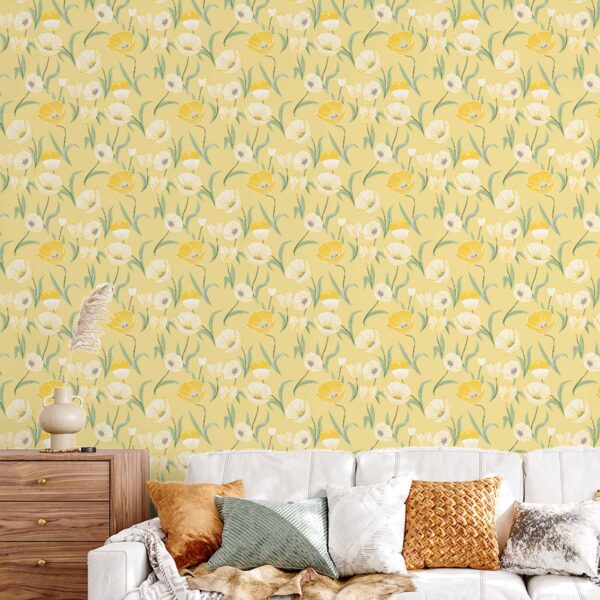 A zoomed-in cozy rattan chair against sunny Guilded Fusion Tulips wallpaper background.