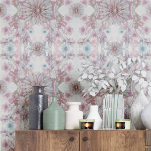 Floral peel and stick wallpaper in soft pink, blue, and taupe hues by Canadian artist Amy Emma behind Cabinet zoomed in