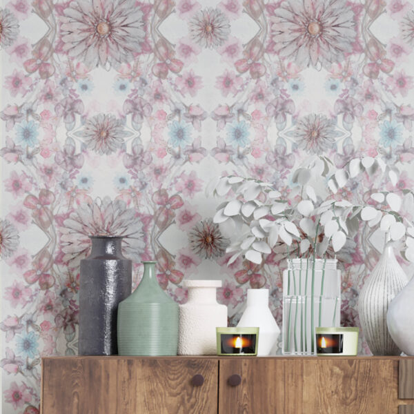 Floral peel and stick wallpaper in soft pink, blue, and taupe hues by Canadian artist Amy Emma behind Cabinet zoomed in