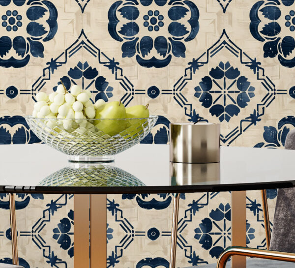 This wallpaper features a classic Iberian tile-inspired pattern with navy blue floral and geometric motifs set against a warm beige textured background.