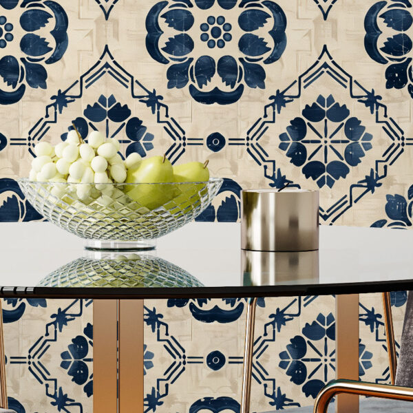 This wallpaper features a classic Iberian tile-inspired pattern with navy blue floral and geometric motifs set against a warm beige textured background.
