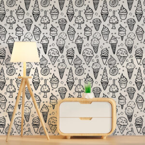 A zoomed-in ice cream pattern wallpaper featuring cones and treats repeated behind a modern workspace with a wooden clock and decor