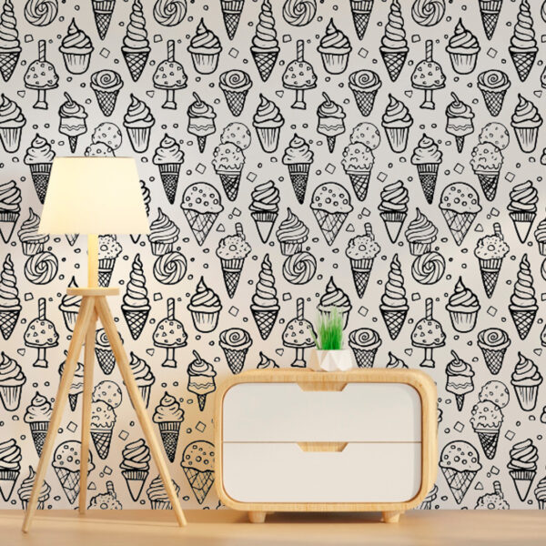 A zoomed-in ice cream pattern wallpaper featuring cones and treats repeated behind a modern workspace with a wooden clock and decor