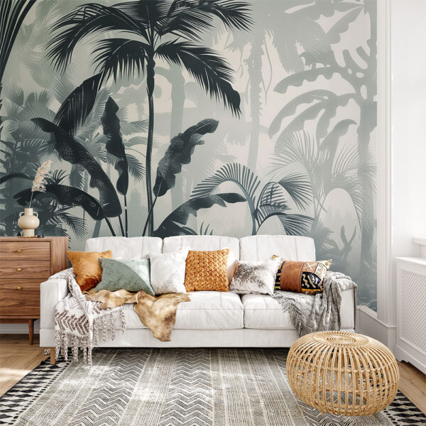 Contemporary peel and stick jungle mural featuring layered tropical foliage in inky charcoal and soft sage tones.