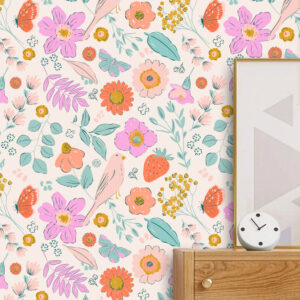 Little Sweet Buds for Joyful Kids’ Spaces – A delightful mix of birds, blossoms, strawberries, and butterflies in cheerful pastels perfect for nurseries, playrooms, or creative corners zoomed-in