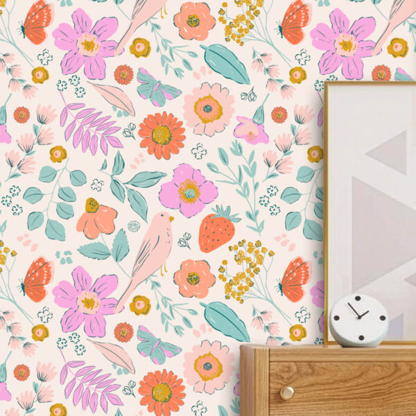 Little Sweet Buds for Joyful Kids’ Spaces – A delightful mix of birds, blossoms, strawberries, and butterflies in cheerful pastels perfect for nurseries, playrooms, or creative corners zoomed-in