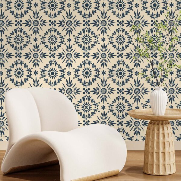 A zoomed-in hand-painted floral wallpaper featuring deep blue folk-inspired motifs on a warm beige background, blending traditional charm with modern simplicity