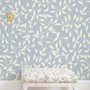 A zoomed-in Elegant hallway with Oxford Court Ivy Wallpaper in soft blue and cream botanical pattern.