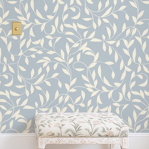 A zoomed-in Elegant hallway with Oxford Court Ivy Wallpaper in soft blue and cream botanical pattern.
