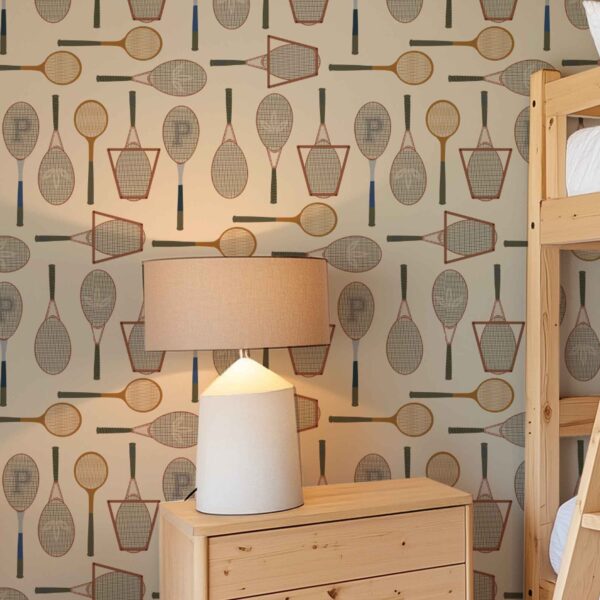 A zoomed-in cozy kids' bedroom with bunk beds and Oxford Court Rackets Wallpaper