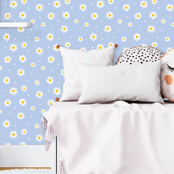 A zoomed-in cheerful pastel wallpaper with white daisies scattered across a soft blue background, perfect for creating a bright and playful atmosphere.