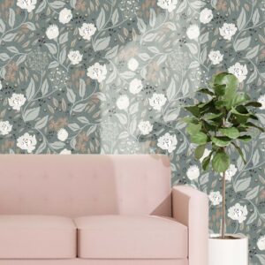 A soft vintage floral wallpaper in a calming woodland palette