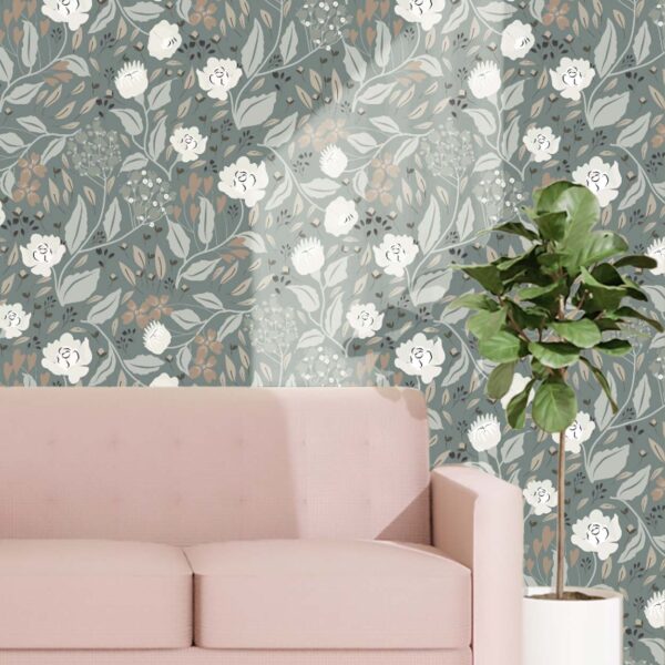 A soft vintage floral wallpaper in a calming woodland palette
