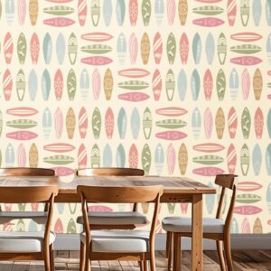 A zoomed-in retro pastel surfboard wallpaper in a rustic dining room with wooden chairs