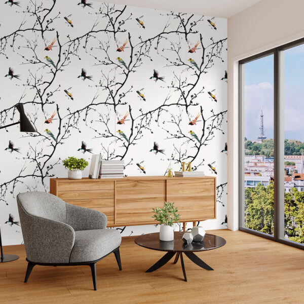 A serene oriental-inspired wallpaper featuring ink-painted branches and a graceful bird in flight, blending minimalism with artistic elegance.