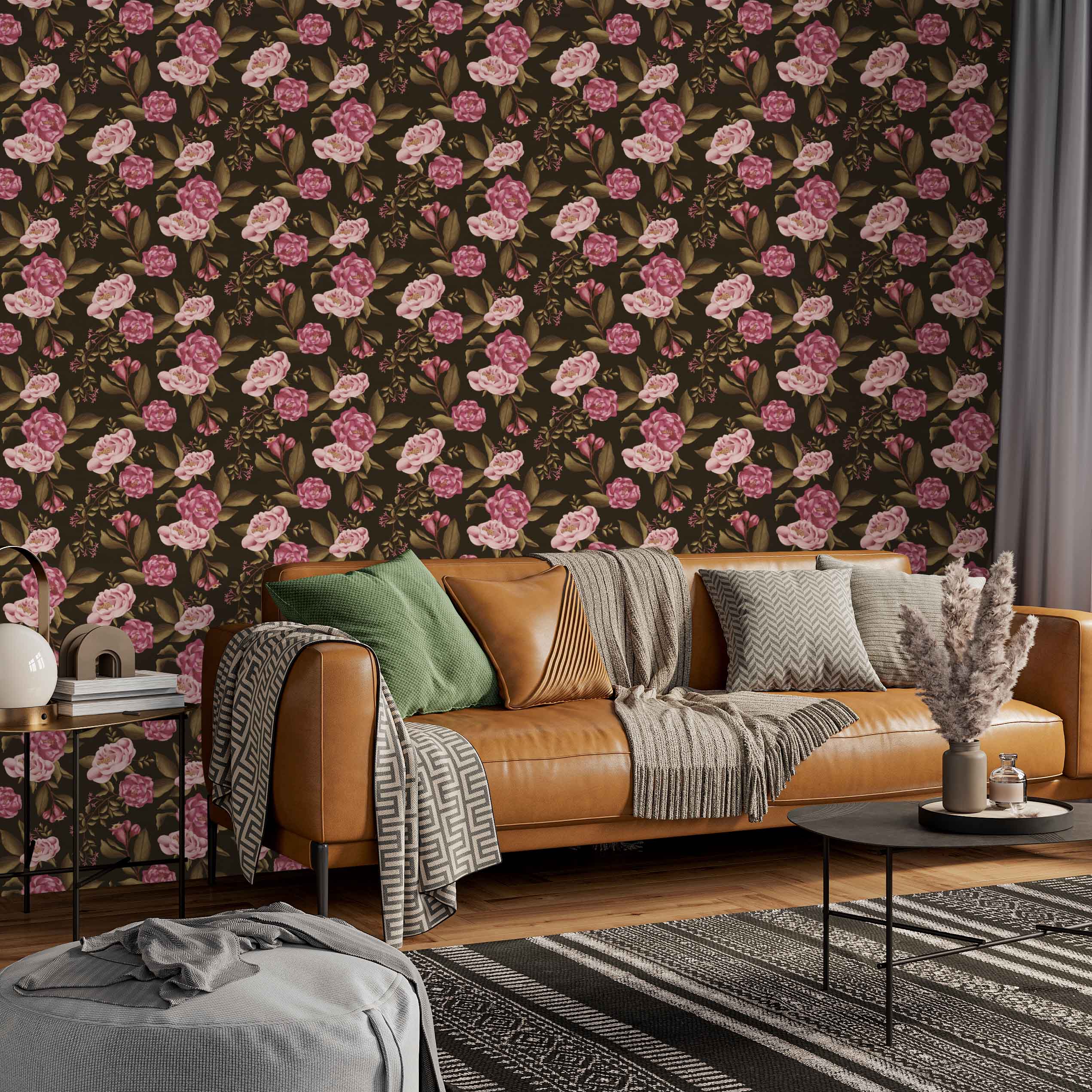 Victorian Blooms Dark Wallpaper | Peel & Stick Wallpaper Online | Proudly Made in Canada Victorian Blooms Dark peel and stick wallpaper with rich pink roses and olive foliage on a deep brown-black background behind a caramel leather sofa
