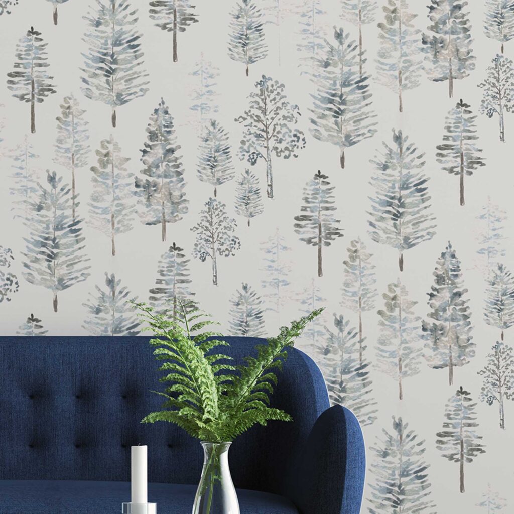 Whispering Pines Wallpaper behind a sofa in a Canadian living room