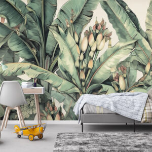 A lush tropical mural featuring detailed banana leaves and soft botanical tones, perfect for creating a serene and elegant natural retreat.
