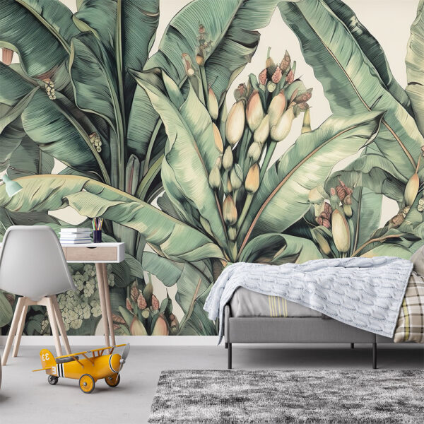 A lush tropical mural featuring detailed banana leaves and soft botanical tones, perfect for creating a serene and elegant natural retreat.