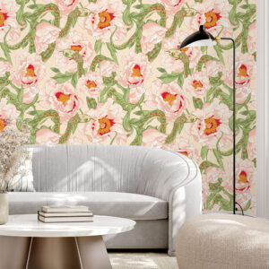 This is a bold and artistic wallpaper featuring intricately illustrated snakes entwined among soft pink lotus flowers and lush green leaves, blending beauty with intrigue.
