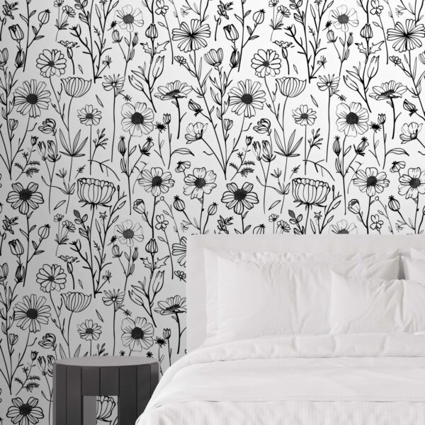 A zoomed-in of hand-sketched wildflowers and stems in black on an off-white background, with fine botanical detail.