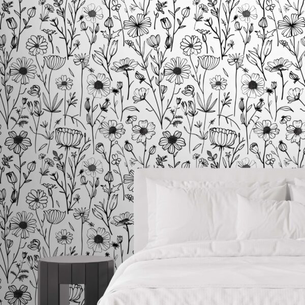 A zoomed-in of hand-sketched wildflowers and stems in black on an off-white background, with fine botanical detail.