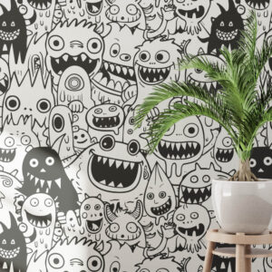 A zoomed-in view of Monsters Wallpaper showing playful hand-drawn cartoon creatures in black on a white background.