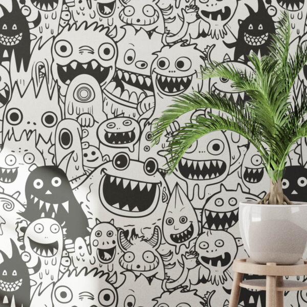 A zoomed-in view of Monsters Wallpaper showing playful hand-drawn cartoon creatures in black on a white background.